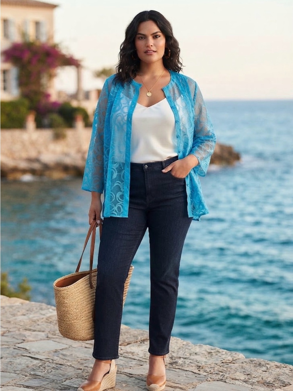 Bright Coastal Blue Saint Tropez West Linen Sheer Blouse 3XL